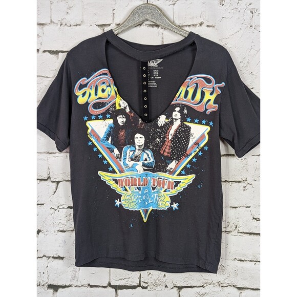 AEROSMITH Official Merch Grommet Choker Collar Tee Dark Gray Cotton Size Small - Picture 1 of 4